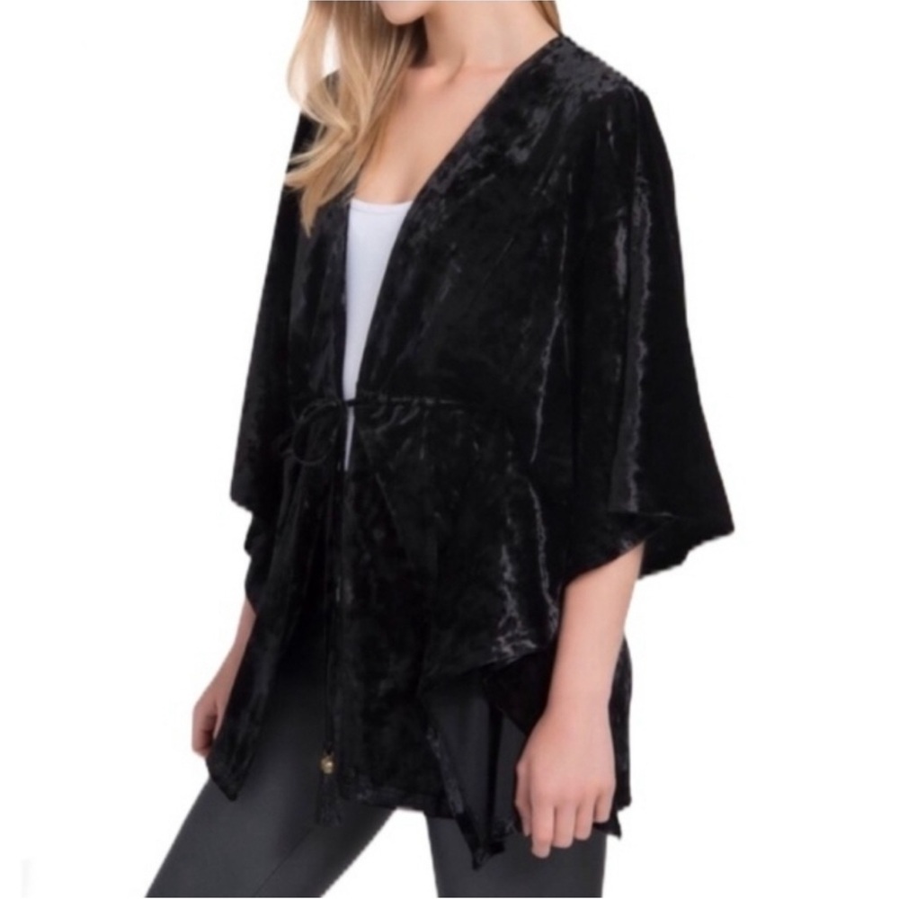 LYSSÉ Willa Black Crushed Velvet Tassel Tie Oversized Wide Sleeve Kimono Medium